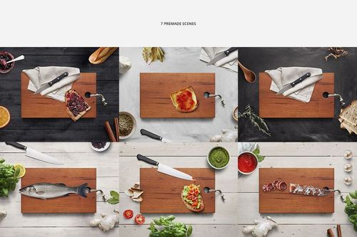Rectangular wooden board mockup shown in seven scenes with various foods and kitchen props on different backgrounds.