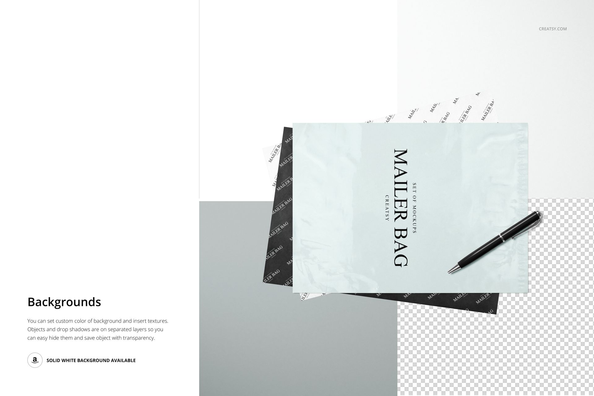 Front view of a mailer bag mockup with light blue wrapping tissue paper, black pen, and layered backgrounds.