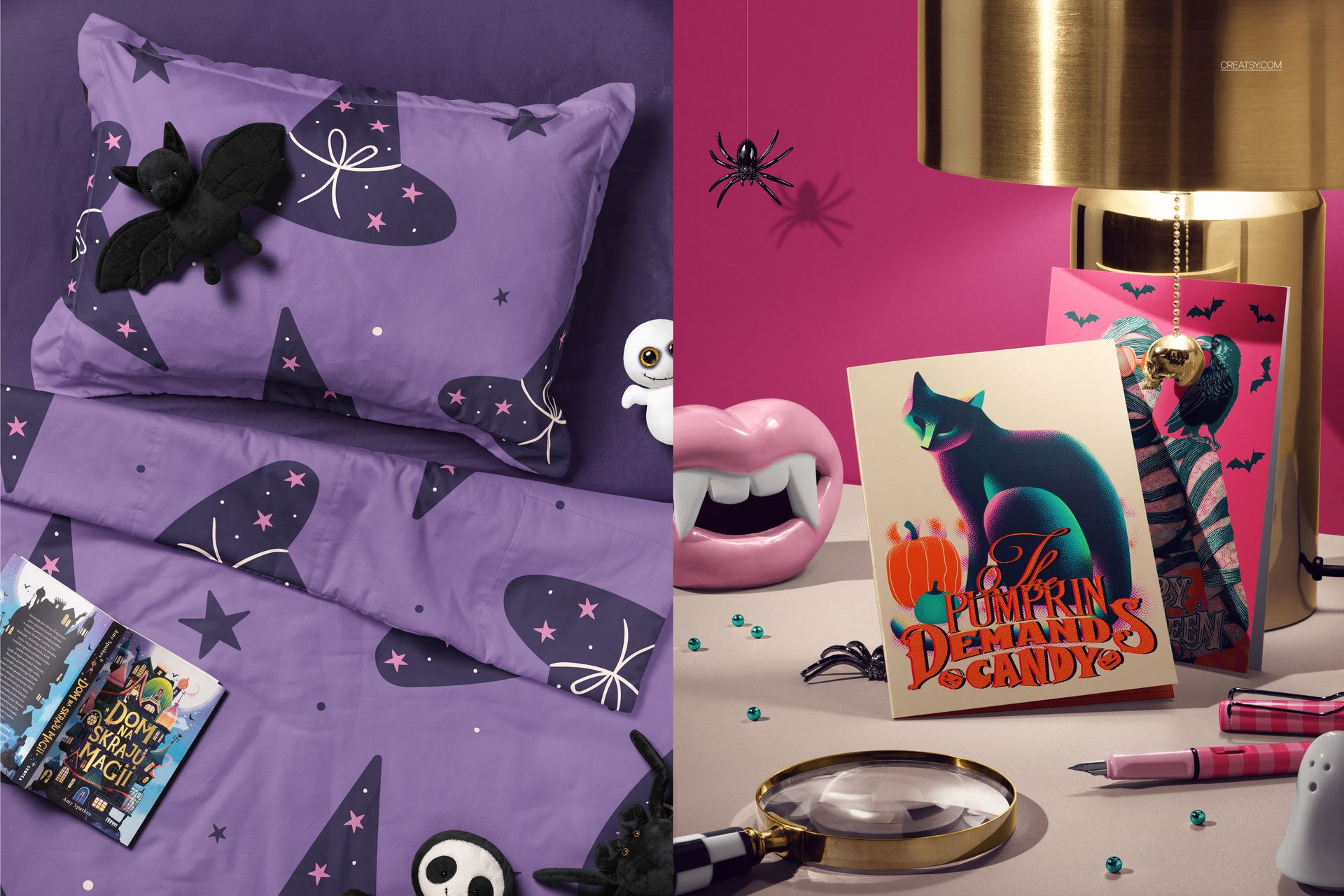 Halloween-themed PSD mockup featuring purple pillowcases with black star and witch hat patterns, shown in a bedroom scene.