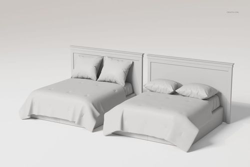 Front view of two headboard beds with different bedding styles, both featuring white pillows and duvets on a plain background.