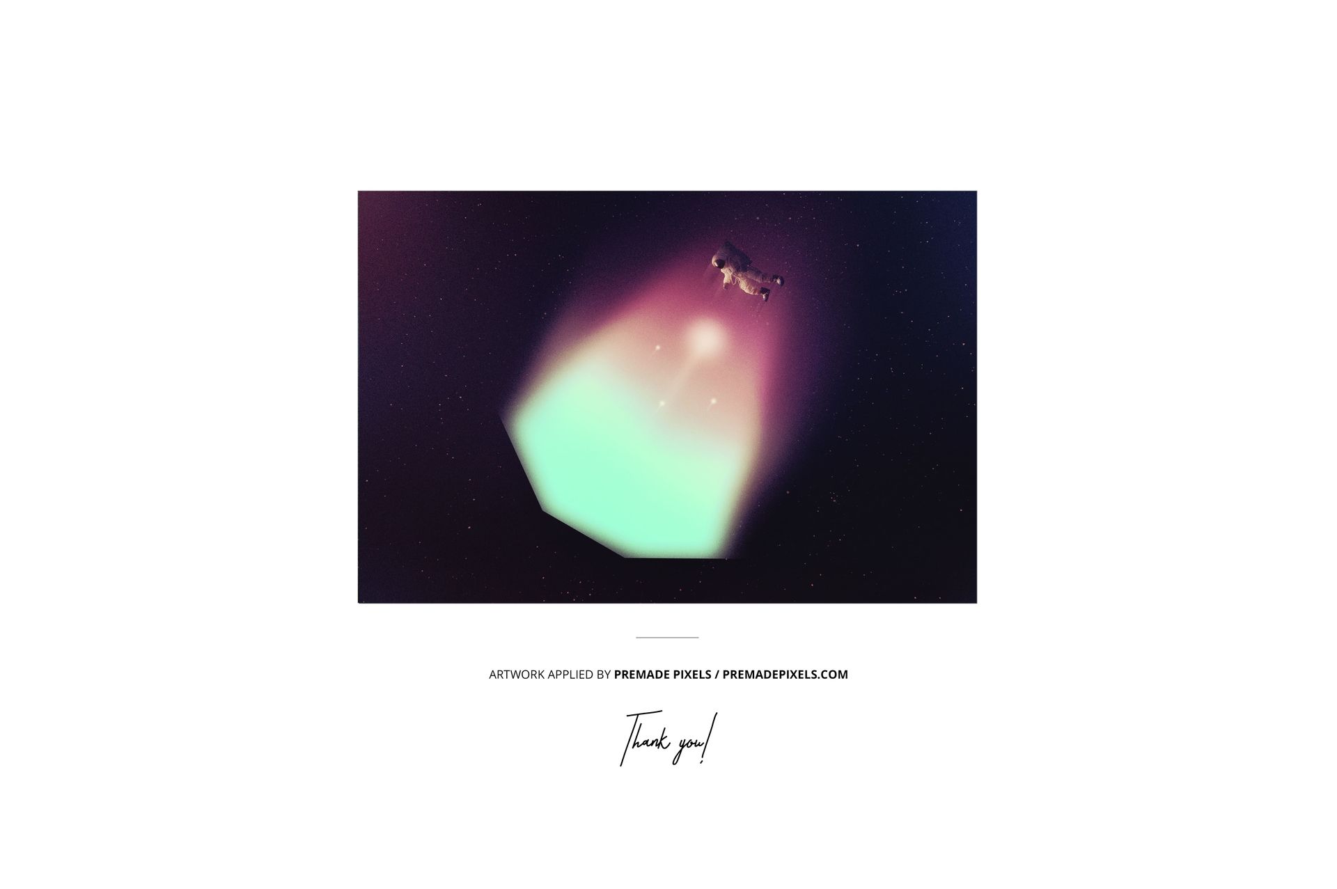 Vinyl record and cover mockup with smoke effect, featuring a glowing gradient light and a drone above, front view.