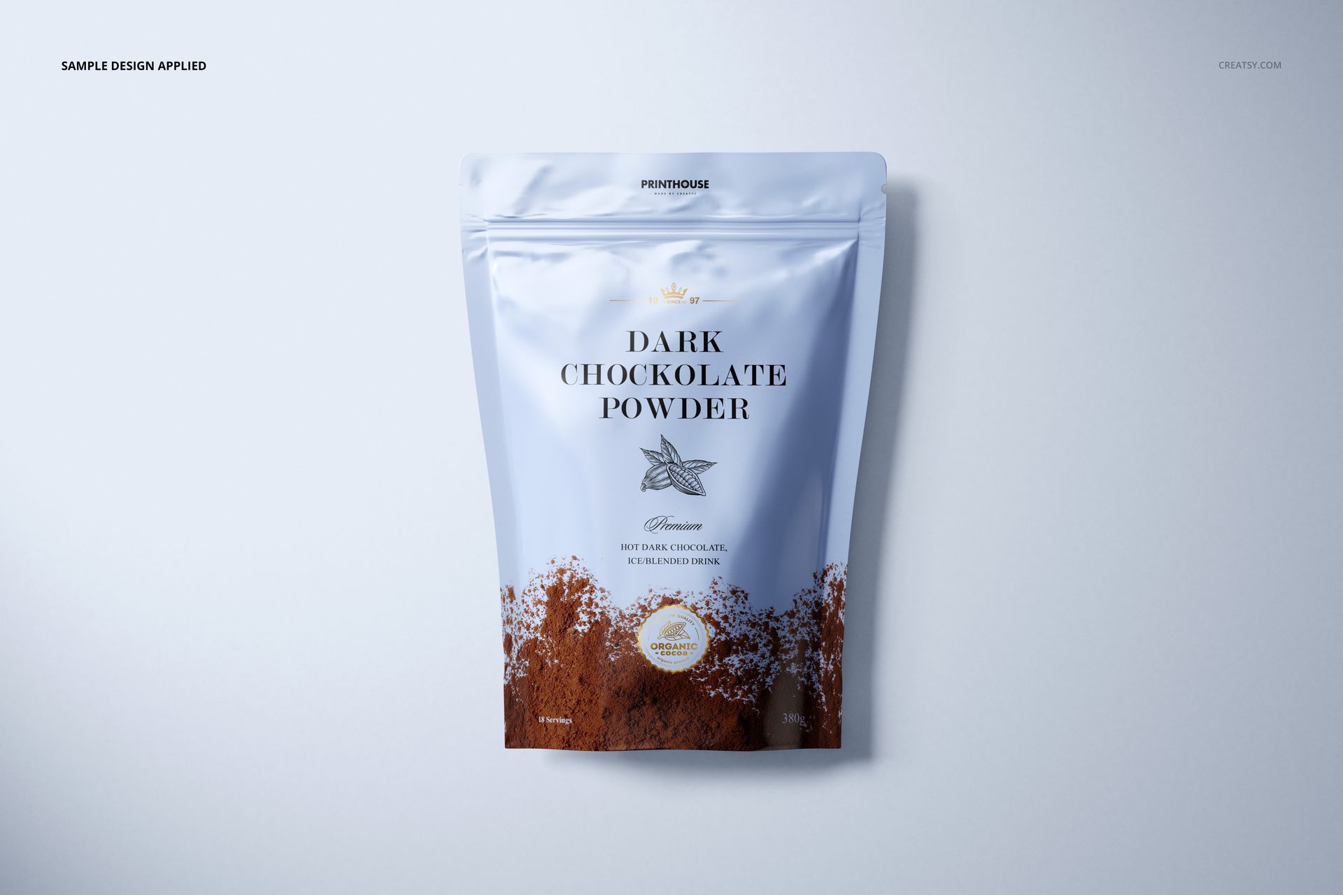 Front view of a glossy zip lock pouch mockup featuring brown cocoa powder graphics and elegant text details.