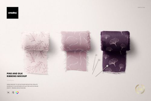 Pins and silk ribbons mockup with frayed edges, botanical prints, and neutral background, arranged in a horizontal row.