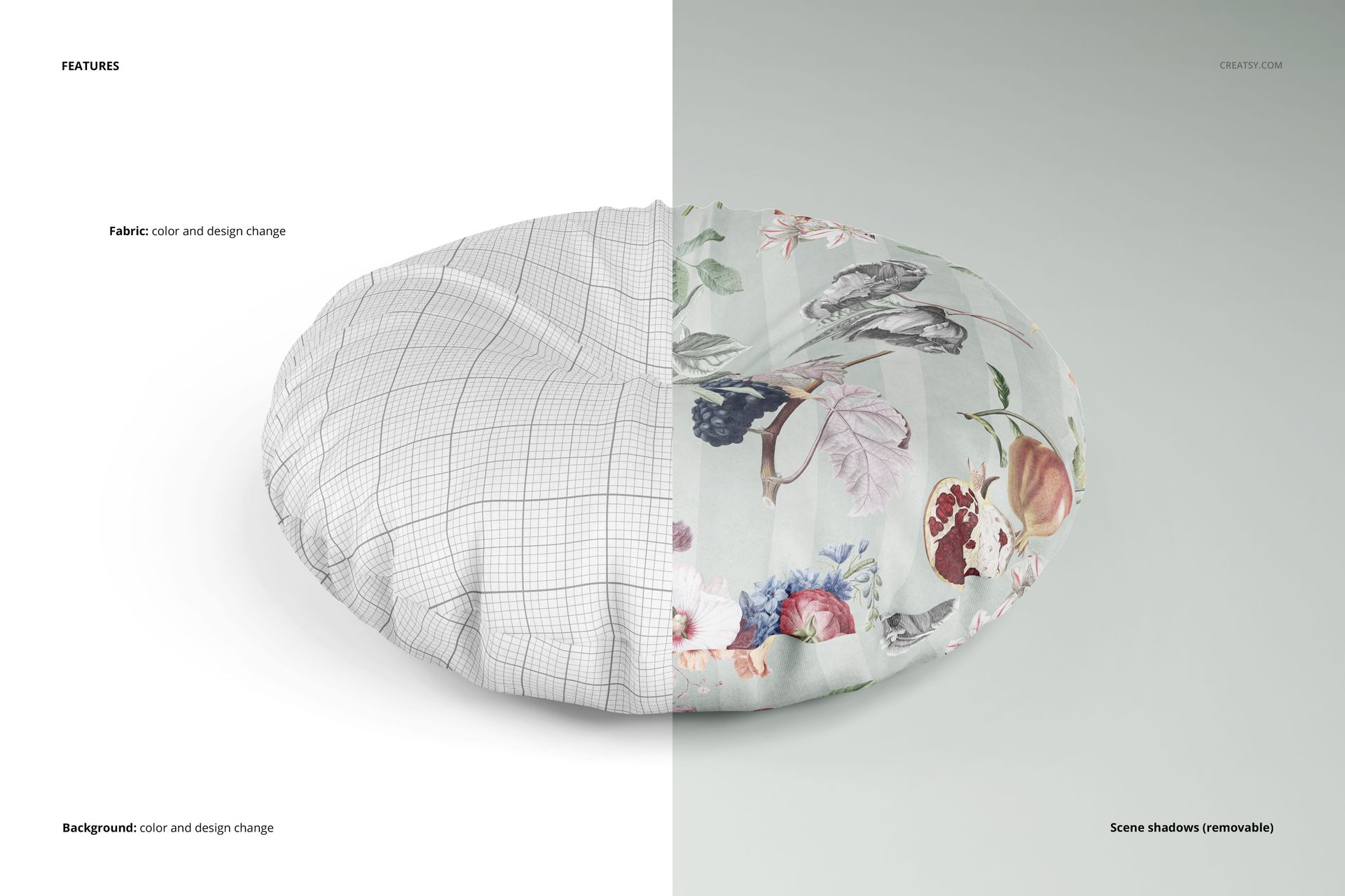 Floor pillow mockup displaying two styles side by side: a simple grid pattern and a colorful botanical design.