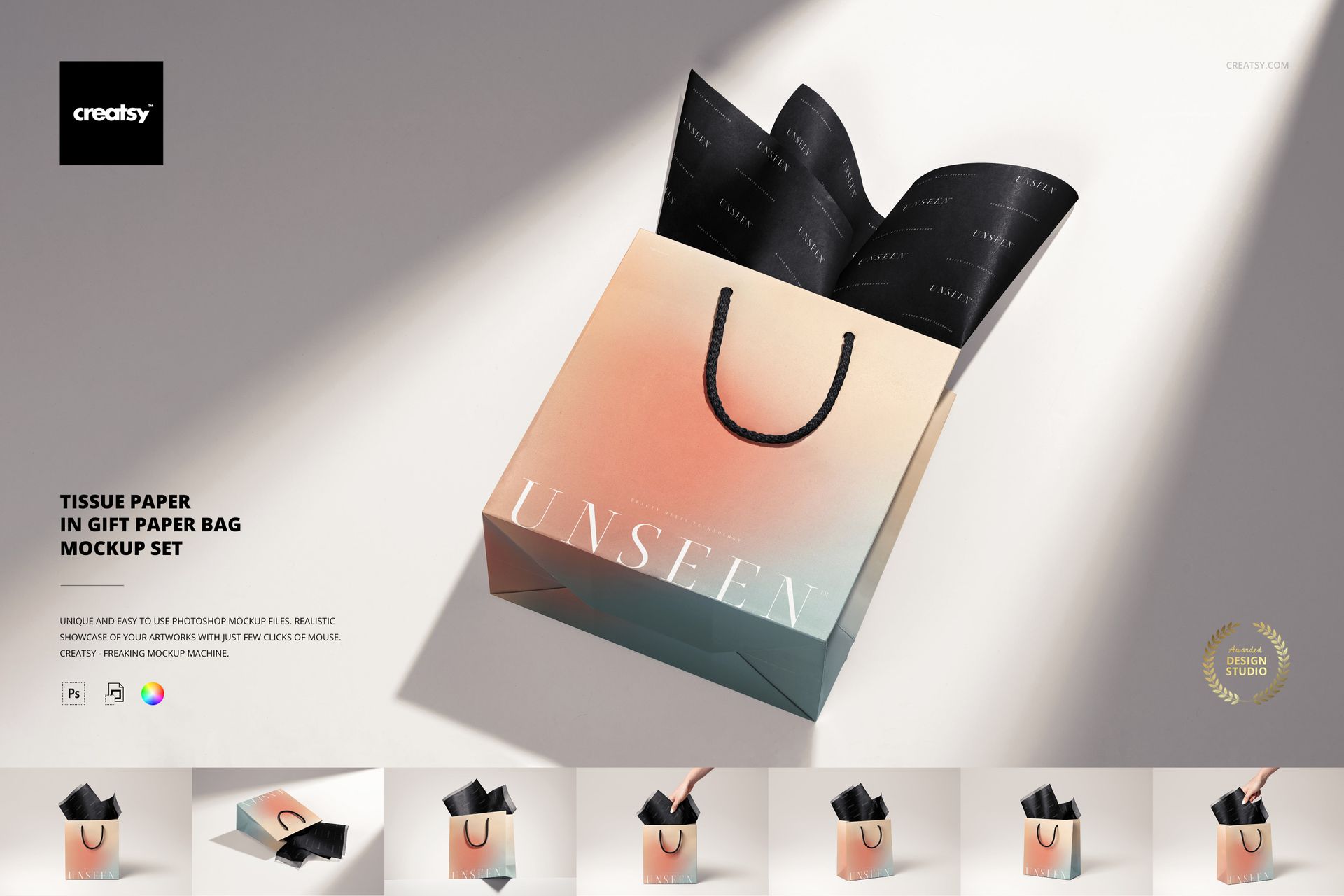 Gift bag mockup featuring a soft gradient design and black tissue paper, displayed from a slightly elevated angle.