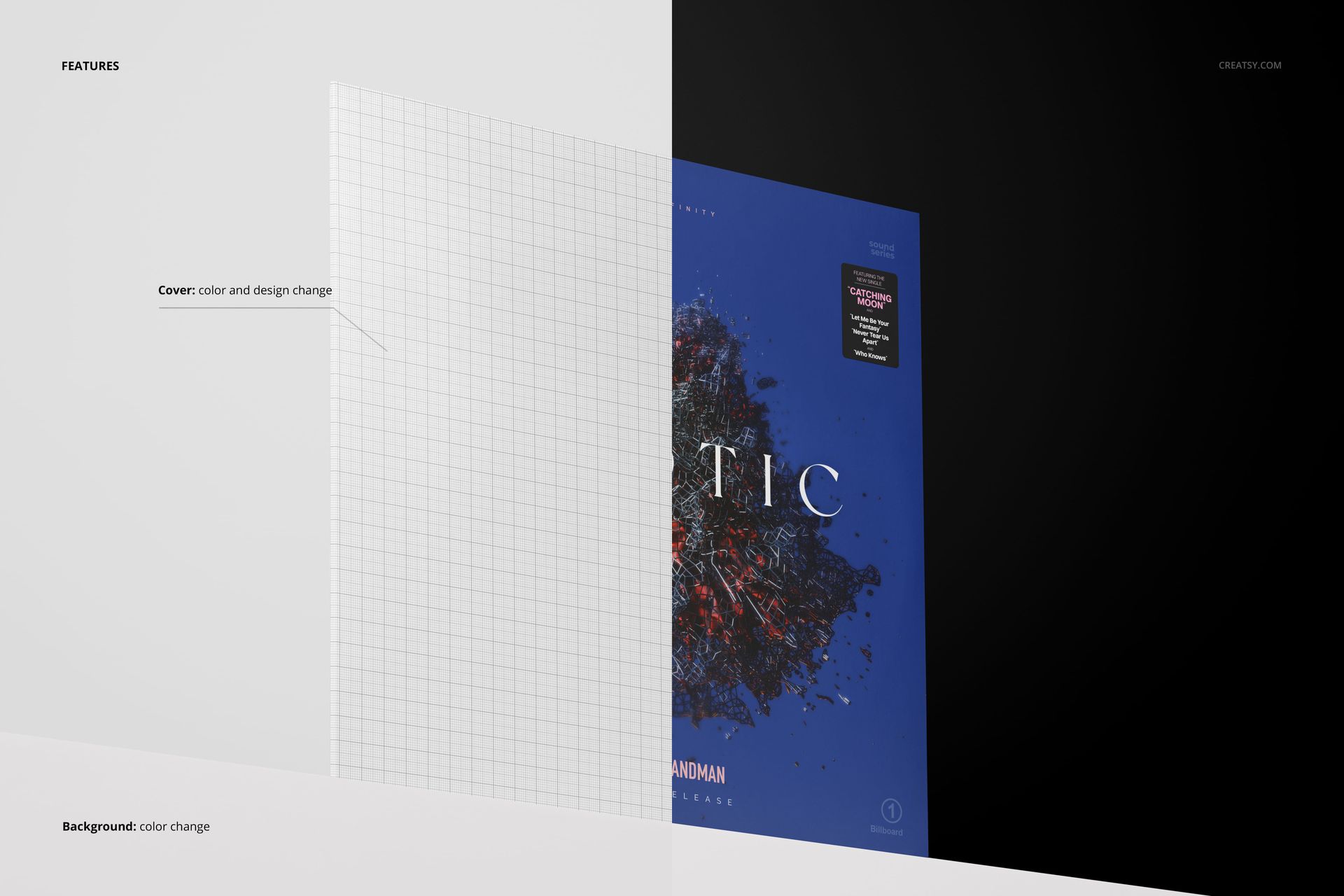 Vinyl record album cover mockup displayed on a pedestal, split between grid overlay and blue abstract design.