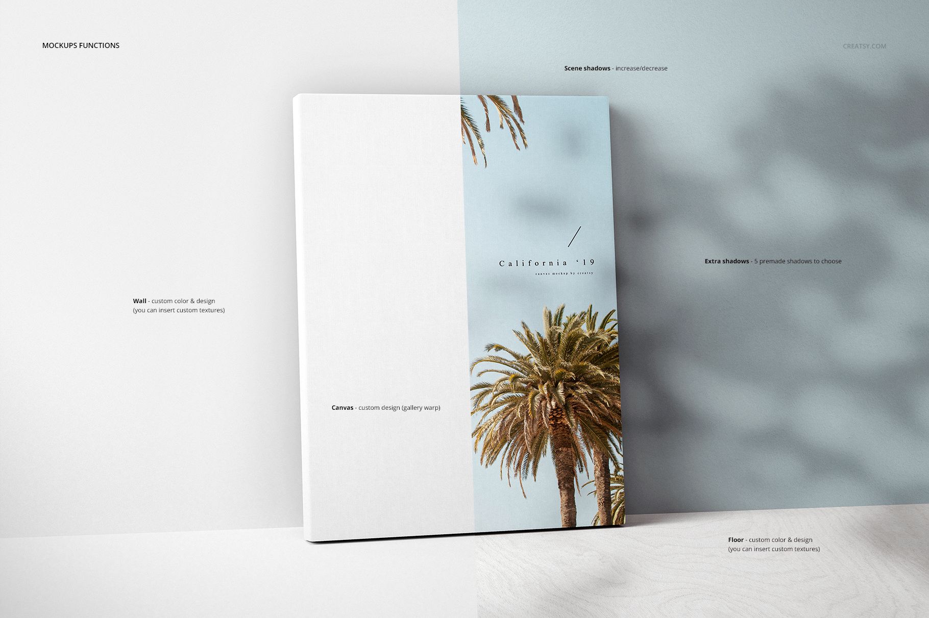 Front view of a thick canvas print mockup standing against a light wall, featuring a palm tree artwork and soft shadows.