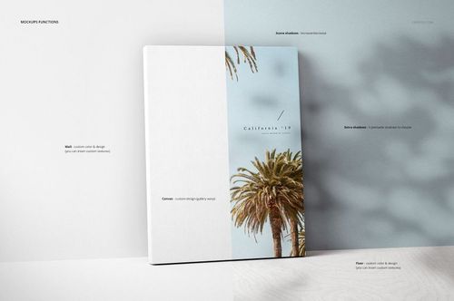 Front view of a thick canvas print mockup standing against a light wall, featuring a palm tree artwork and soft shadows.