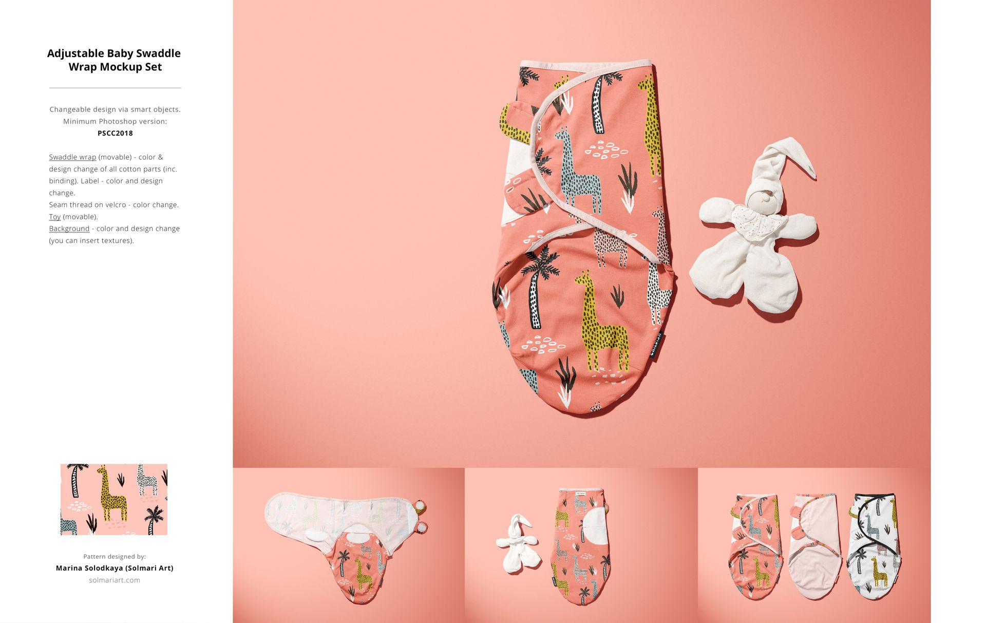 PSD mockup of a baby swaddle in pink with playful animal prints, accompanied by a white cloth doll on a pink backdrop.