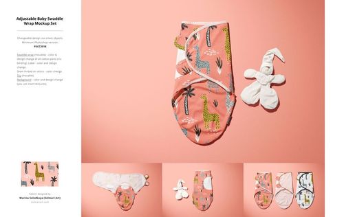 PSD mockup of a baby swaddle in pink with playful animal prints, accompanied by a white cloth doll on a pink backdrop.