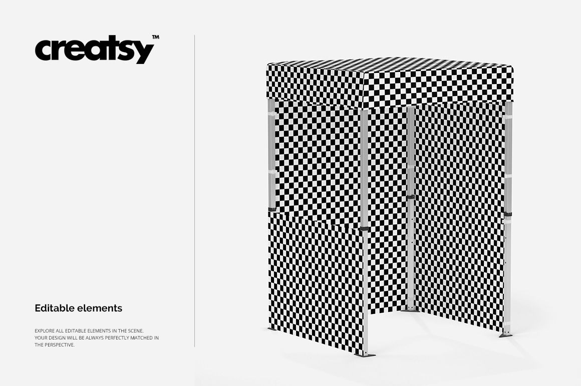 Square-shaped pop up tent mockup featuring a checkered design, displayed in a well-lit studio setting.