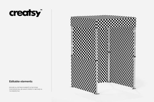 Square-shaped pop up tent mockup featuring a checkered design, displayed in a well-lit studio setting.