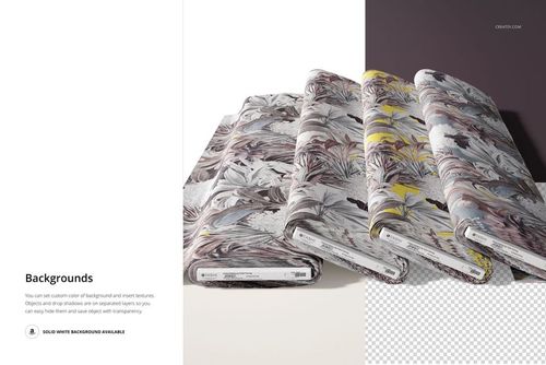 Fabric bolts mockup showing detailed foliage patterns in soft neutral colors, positioned diagonally with shadow effects.