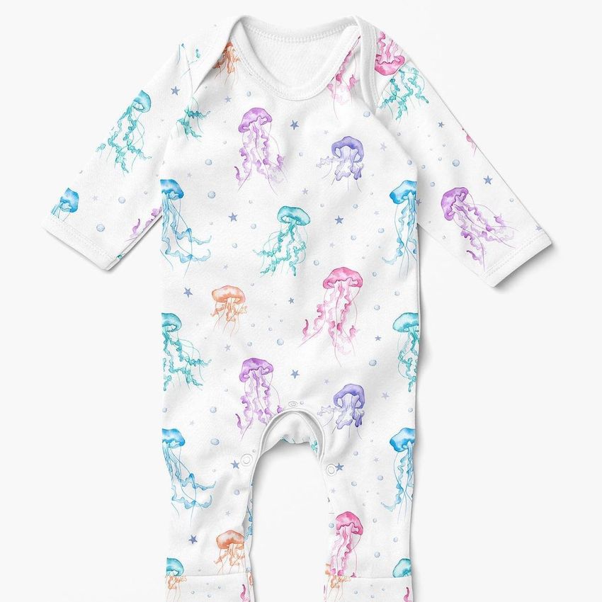 Baby chest rompersuit mockup featuring a white long-sleeve onesie with colorful jellyfish and star patterns on a plain background.