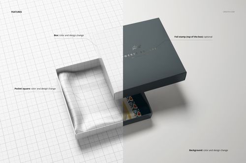 Pocket square mockup set displayed with an open box, showing a patterned pocket square on a clean surface.