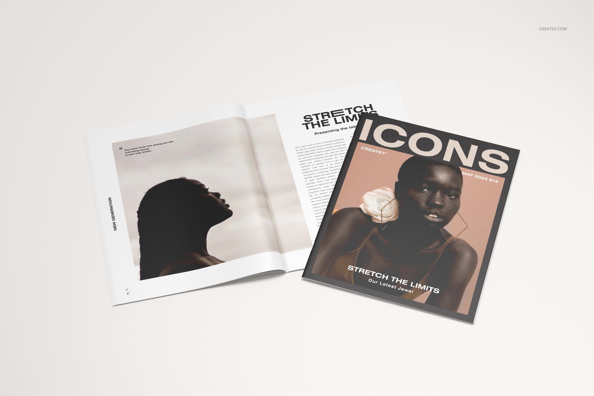 Magazine mockup set featuring a closed magazine with a dark cover and an open magazine displaying text and a silhouette photo.
