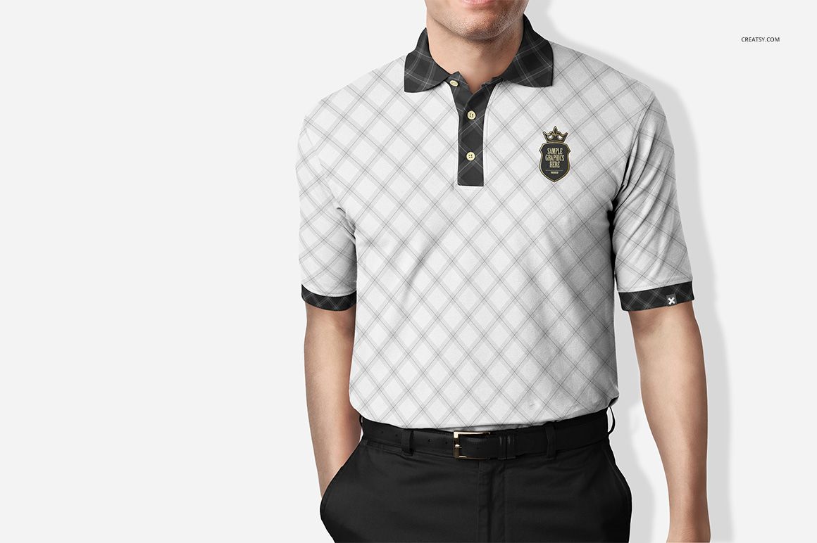Front view of a white polo shirt mockup featuring a subtle gray diamond pattern and black collar details.