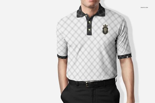 Front view of a white polo shirt mockup featuring a subtle gray diamond pattern and black collar details.