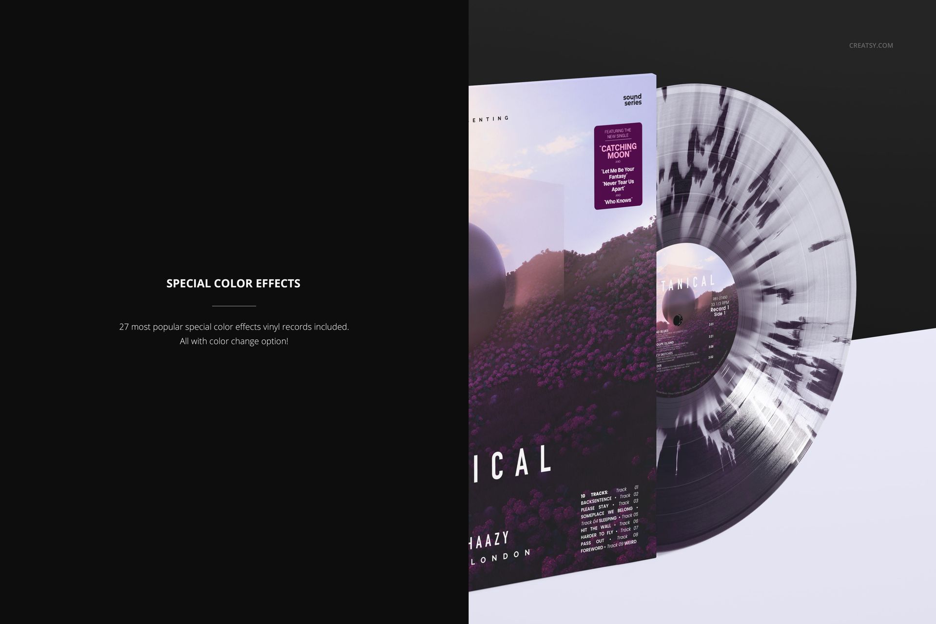 PSD mockup showing a colored vinyl record with a splattered design leaning against album covers, displayed on a pale background.