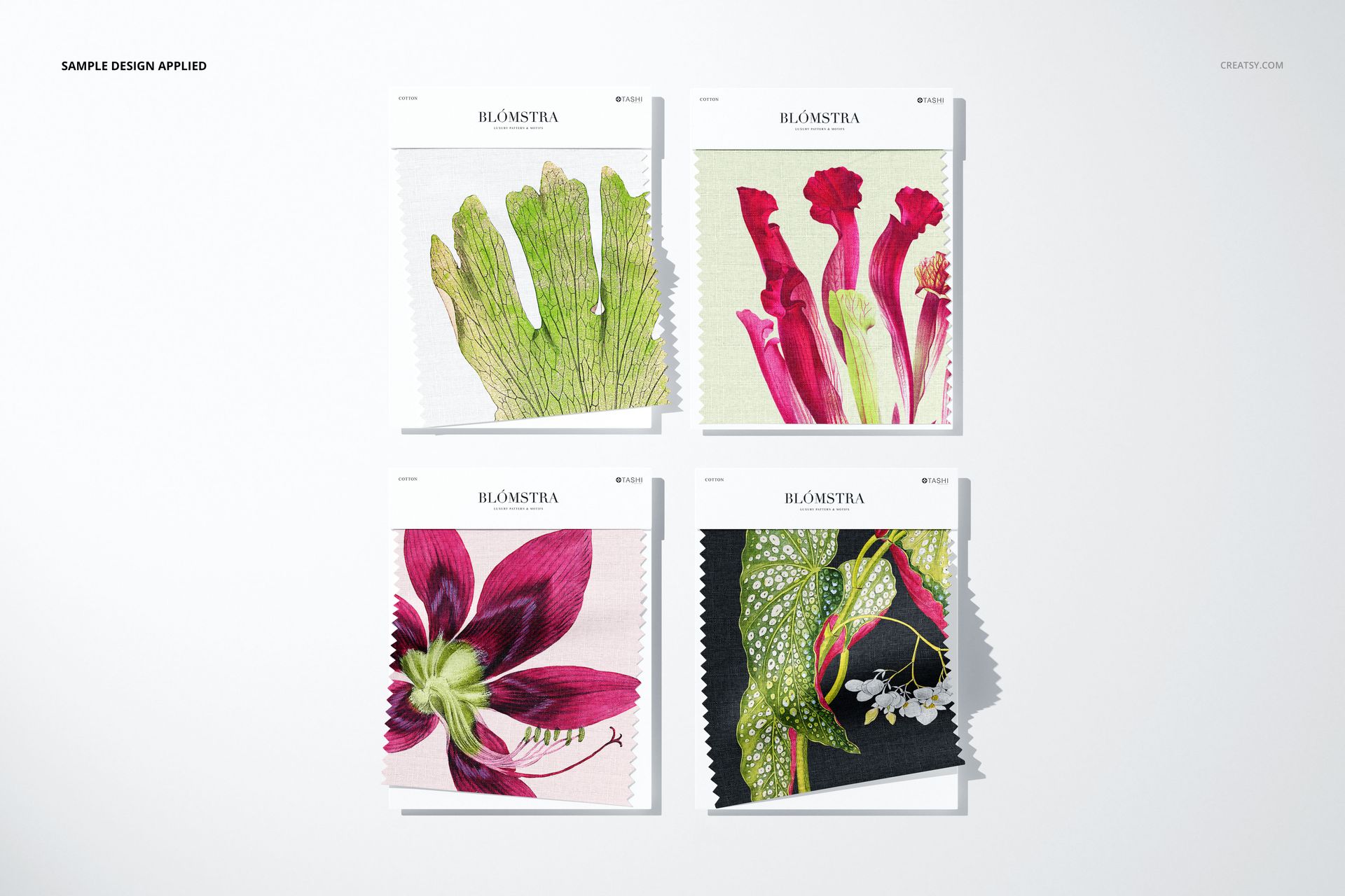 Fabric swatches mockup set showing four square samples with floral and leaf designs, arranged side by side.