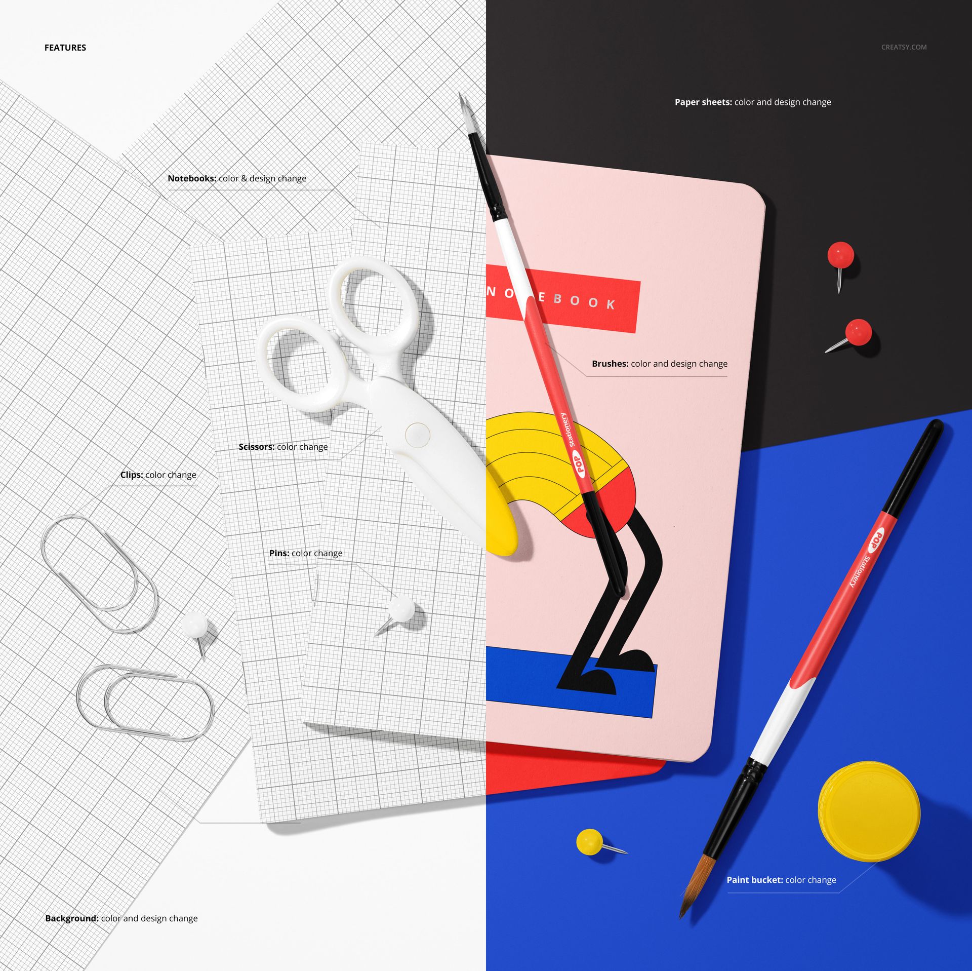 PSD mockup featuring notebooks, scissors, brushes, and push pins organized on contrasting colored backgrounds.