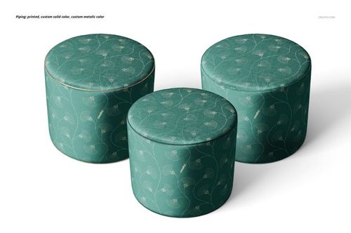 Set of three cylindrical poufs upholstered in teal velvet with delicate leaf motifs, displayed in a PSD mockup.