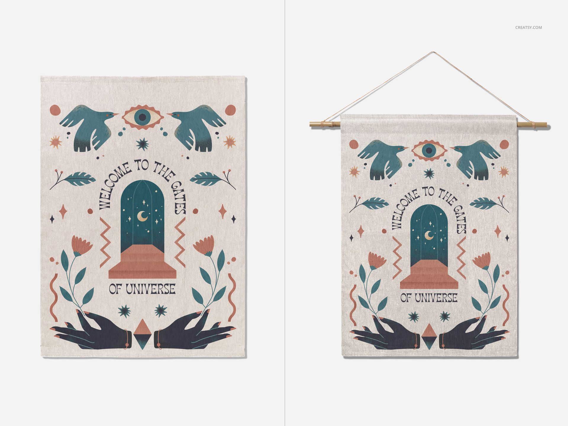 Two perspectives of a woven wall tapestry mockup featuring earthy colors and botanical patterns on a light background.