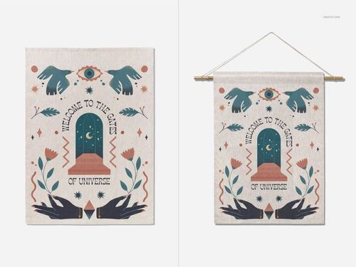 Two perspectives of a woven wall tapestry mockup featuring earthy colors and botanical patterns on a light background.