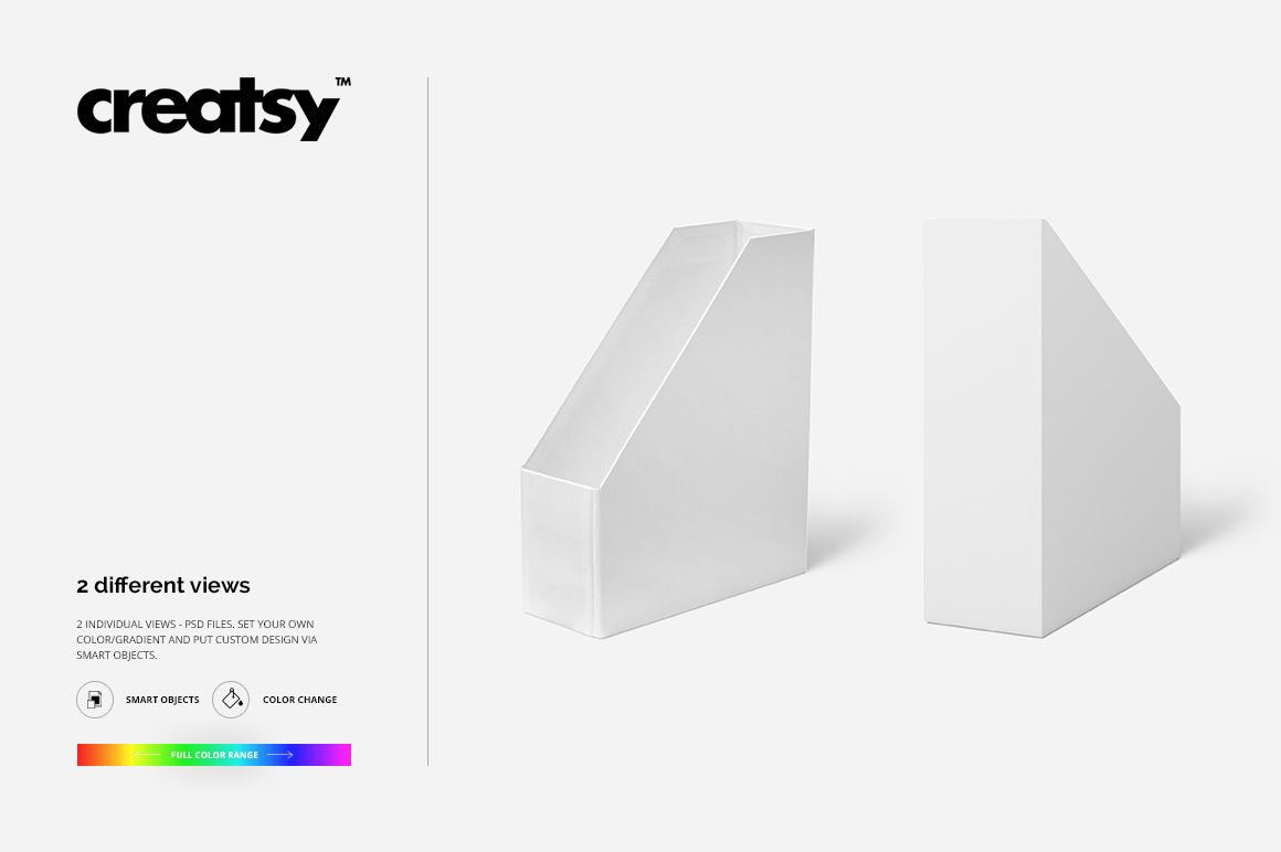 Two white file holders displayed on a light background, shown from front and side angles for mockup presentation.