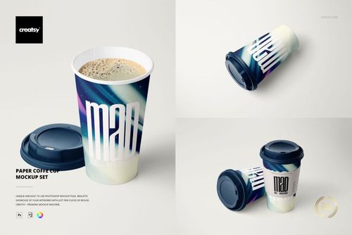 Paper coffee cup mockup set showing upright and horizontal cups, both with removable sleeves and blue lids on a white surface.