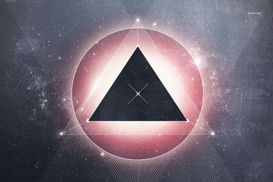 Galaxy-themed poster mockup showing a black triangle within a radiant pink circle, surrounded by cosmic patterns and lines.