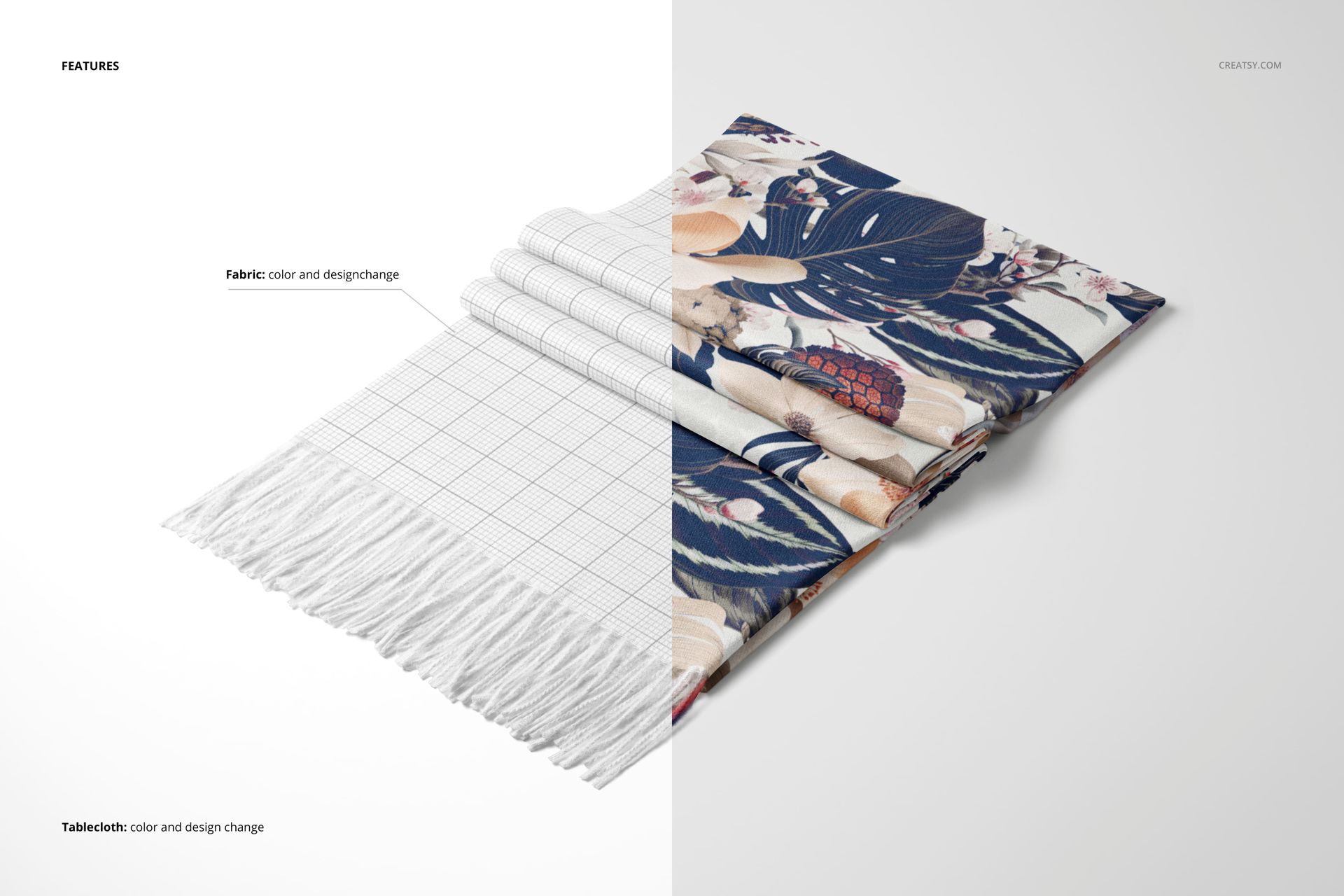 Cashmere scarf mockup shown from a top angle, half with grid template and half with floral and figure design in blue tones.