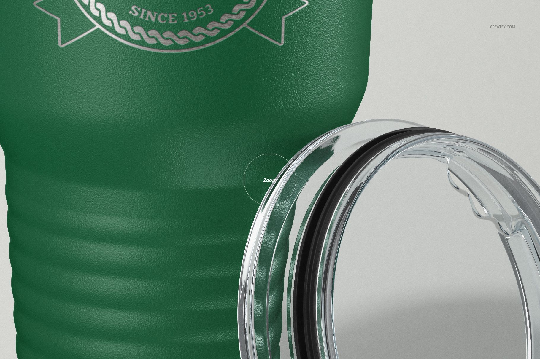 PSD mockup featuring a green ringneck tumbler with ribbed texture, accompanied by a clear lid on a neutral backdrop.
