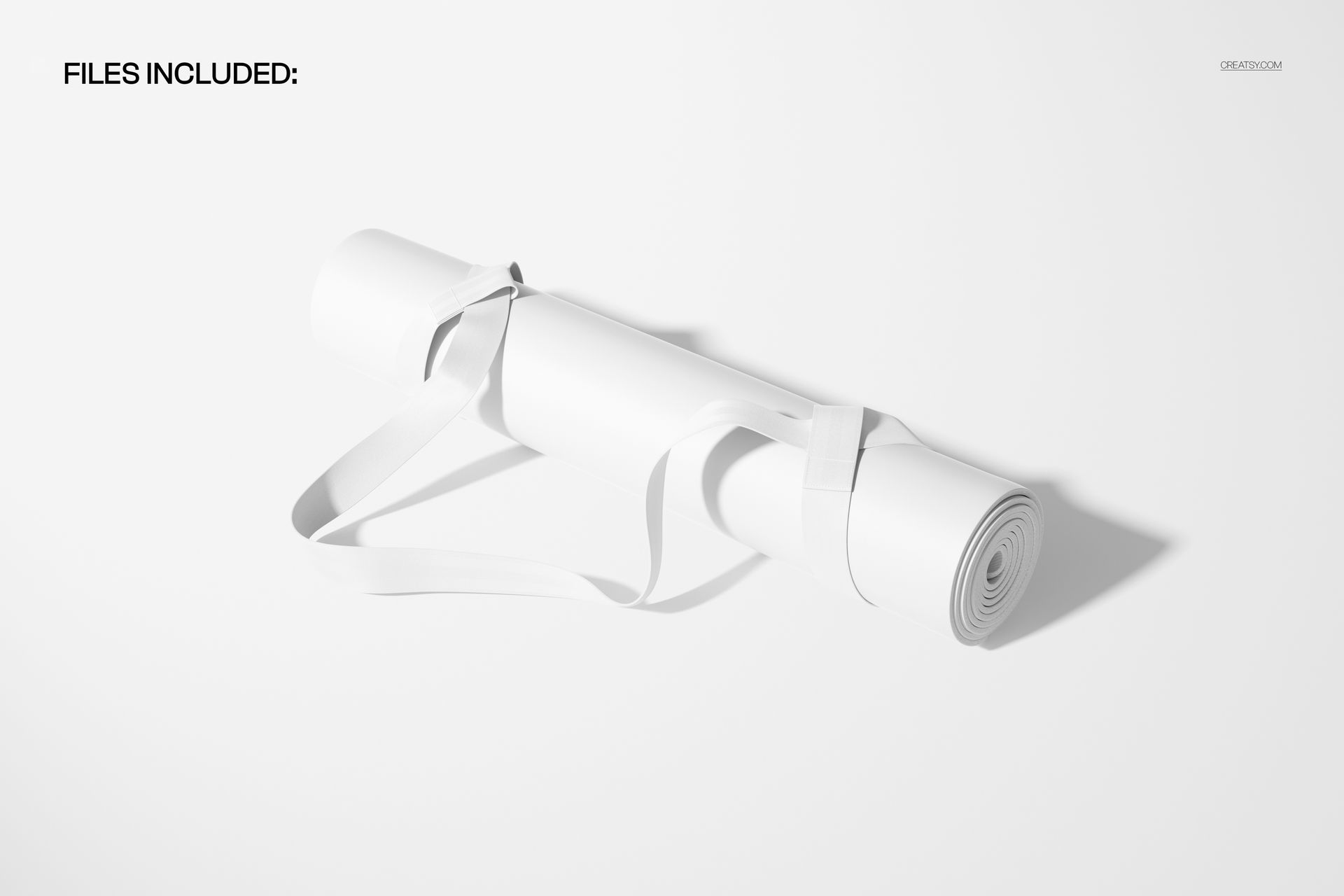 PSD mockup of a rolled PU oval yoga mat with strap, displayed in white, top view on a plain background.