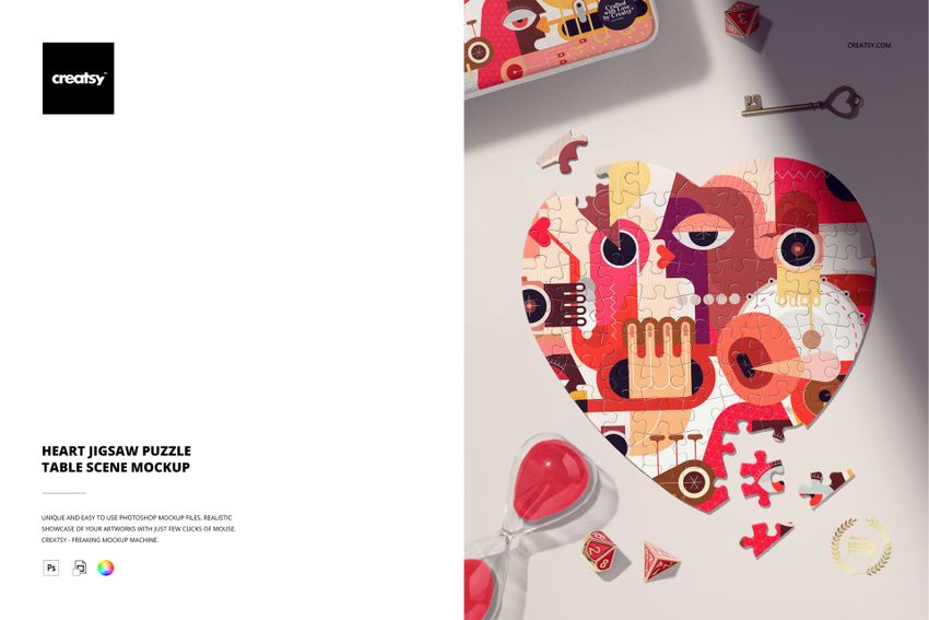 Heart puzzle mockup displaying bold red and orange abstract design, surrounded by loose pieces and a sand timer on the table.