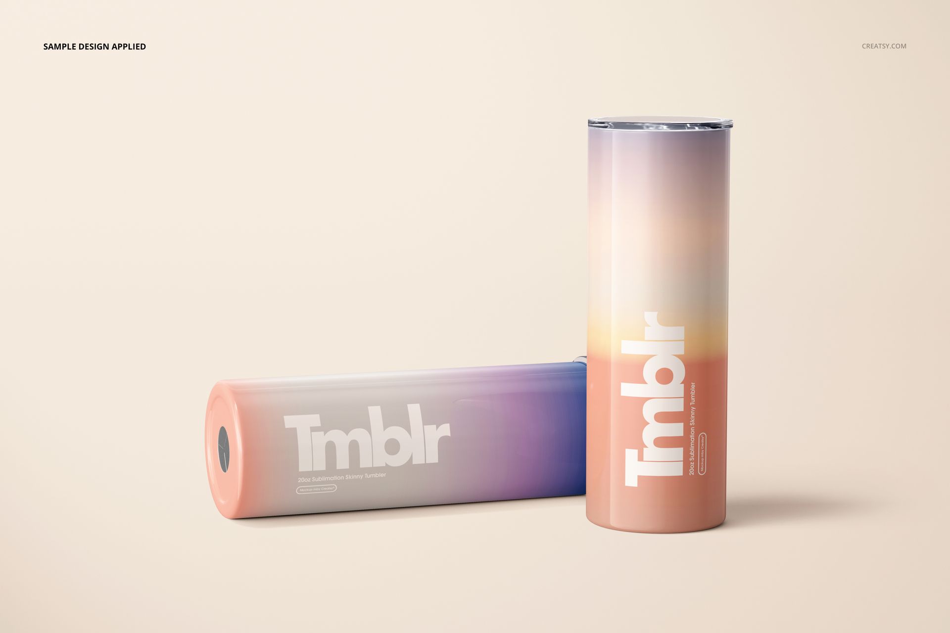 Two 20oz skinny tumblers with gradient pastel colors, one standing upright and one lying down, on a light background.