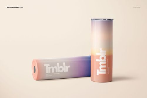 Two 20oz skinny tumblers with gradient pastel colors, one standing upright and one lying down, on a light background.