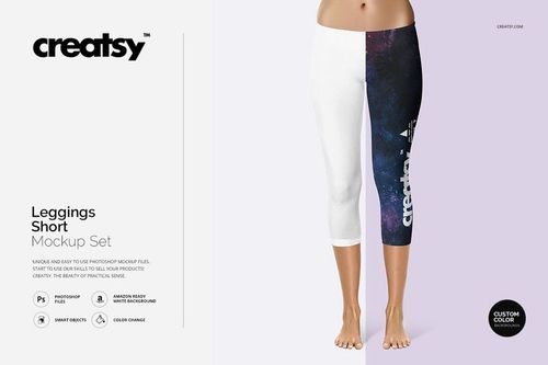PSD mockup showing short leggings on a female model, featuring a split design with white and a cosmic print, front perspective.