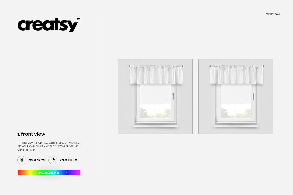 PSD mockup showing two windows with white gathered valances, viewed from the front against a light gray wall.