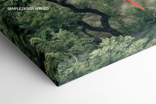Detailed corner perspective of a canvas print mockup with a nature-inspired leafy pattern and visible 2 cm thickness.