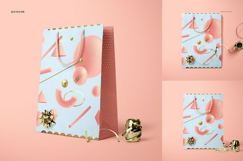 Front view of a paper gift bag mockup with pastel abstract patterns, gold ribbon, and bow on a pink background.