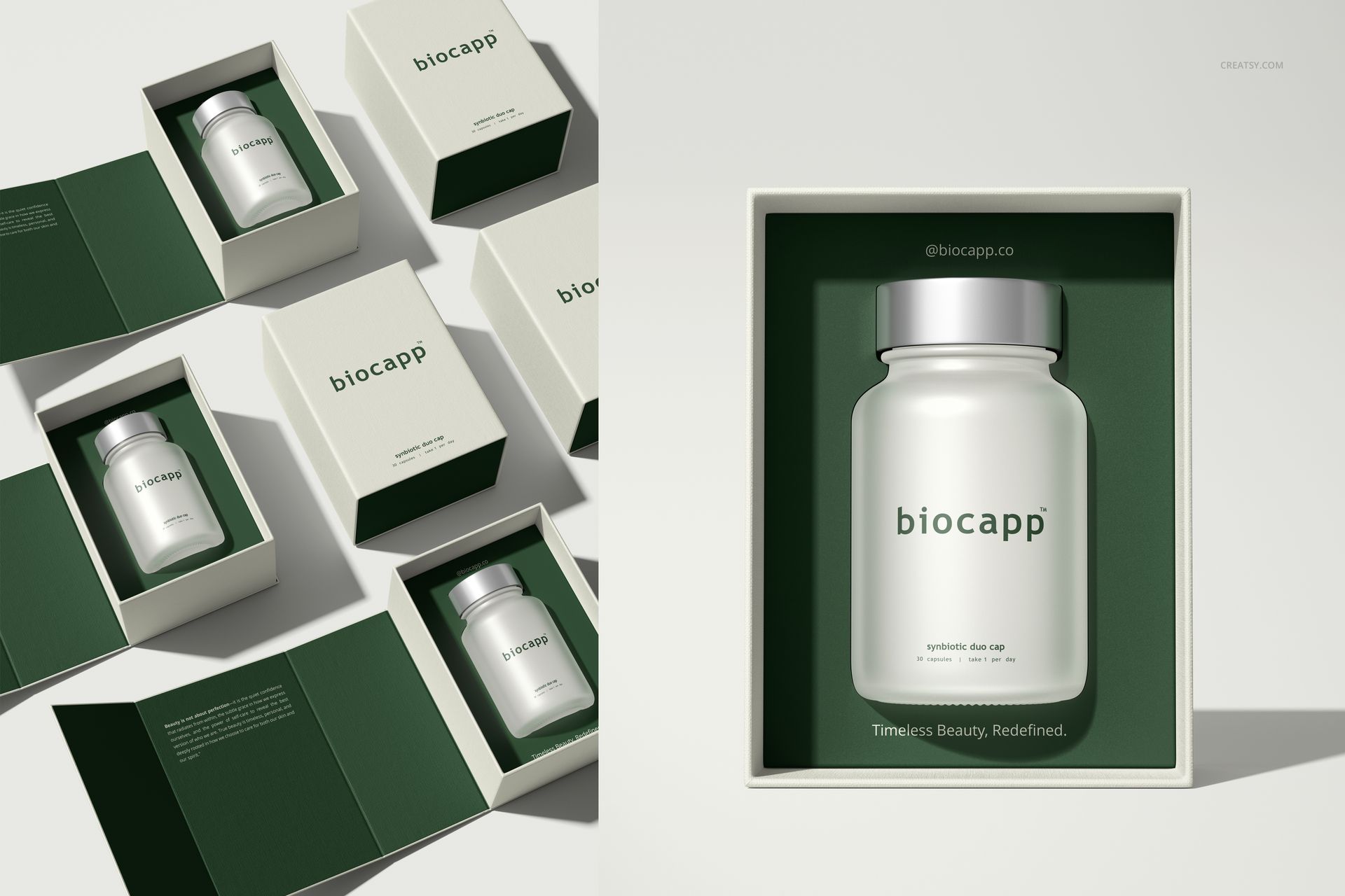 Cosmetics box packaging mockup with frosted capsule bottles inside open green and cream boxes, top view on a bright background.