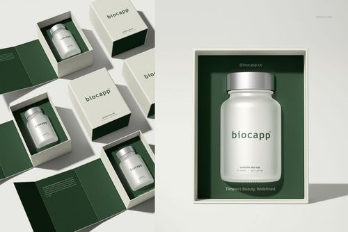 Cosmetics box packaging mockup with frosted capsule bottles inside open green and cream boxes, top view on a bright background.