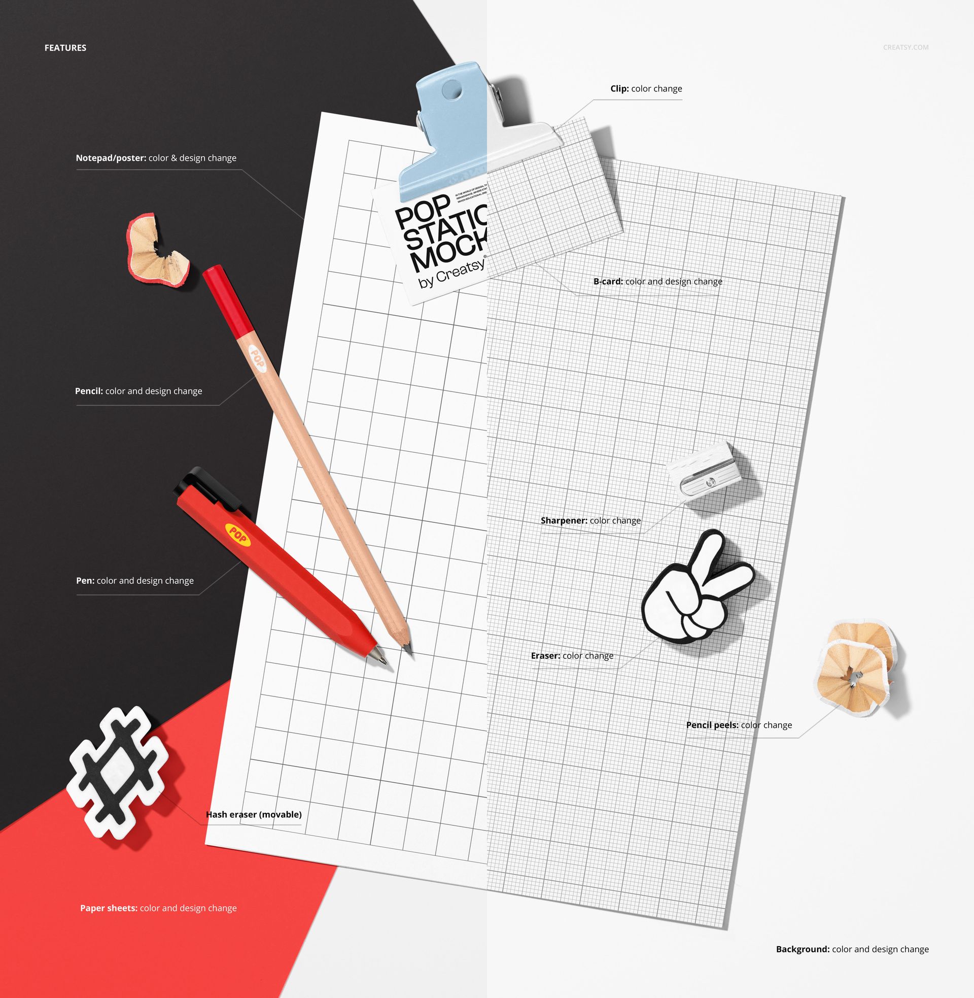 Top view of a stationery mockup featuring a notepad poster, pencils, eraser, sharpener, and paper clips on a split black, red, and white background.
