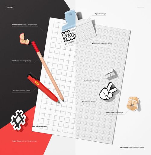 Top view of a stationery mockup featuring a notepad poster, pencils, eraser, sharpener, and paper clips on a split black, red, and white background.
