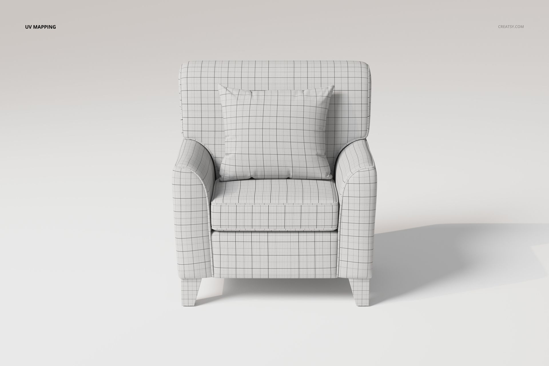 Front view of a square arm lounge chair 3D model with grid pattern texture, featuring a matching cushion.