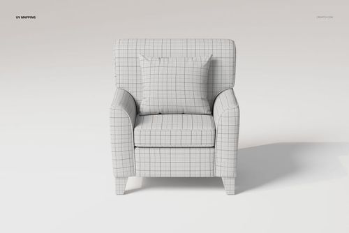 Front view of a square arm lounge chair 3D model with grid pattern texture, featuring a matching cushion.