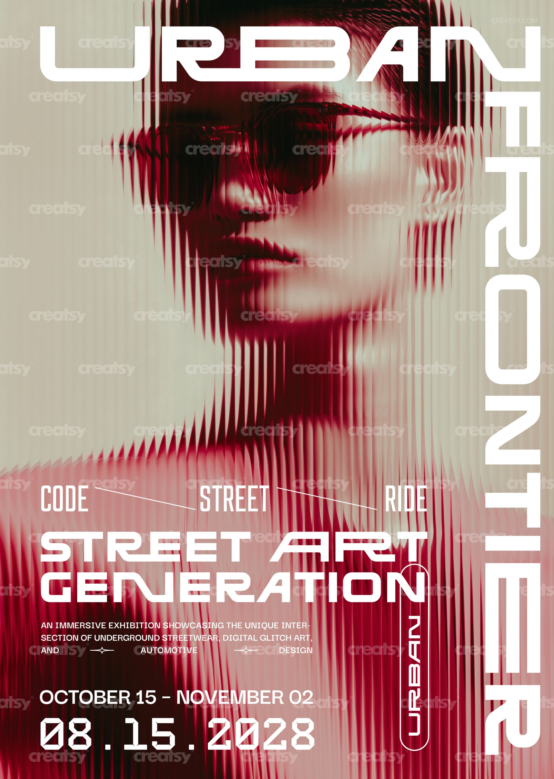PSD mockup of a street art poster showing a distorted female face with vertical glitch lines and modern typography.