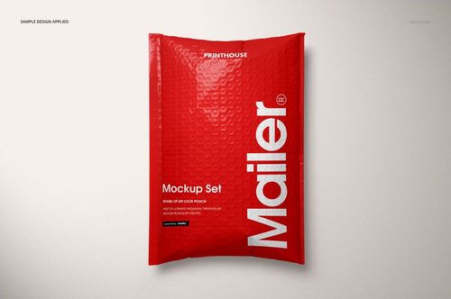 Front-facing red bubble mailer mockup with bold white text and a subtle shadow on a neutral backdrop.