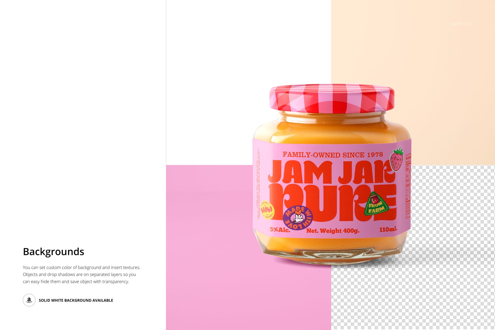 PSD mockup of a jam jar featuring a pink patterned lid, pink label, and yellow jam, shown against a multi-color backdrop.